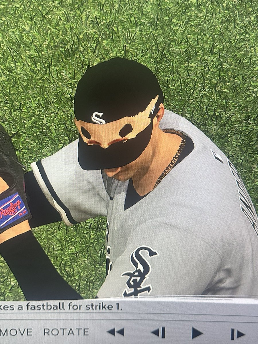 embrey05's tweet photo. @MLBTheShow @MLBTheShow  uh I think there is a glitch! What’s going on with my mans face outside the hat!! https://t.co/ZTu1pN9oEi