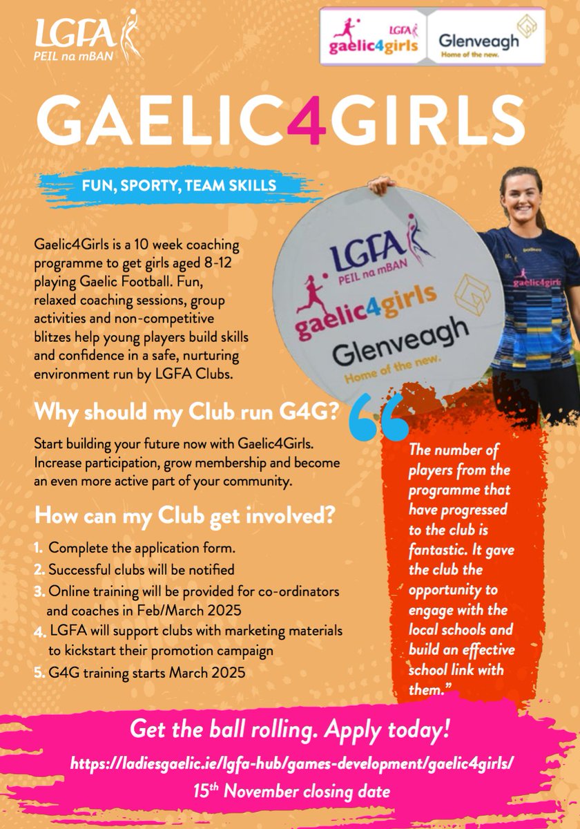 LadiesFootball's tweet photo. Apply now for the 2025 @GlenveaghHomes #Gaelic4Girls programme!

Full details➡️ https://t.co/lVns1tEC8U

Learn more about our sponsors at
➡️ https://t.co/a6l72jrG50 🏘️

Applications open until November 15

@ConnachtLGFA @LeinsterLGFA @MunsterLGFA @UlsterLadies https://t.co/2BCt7cajW4