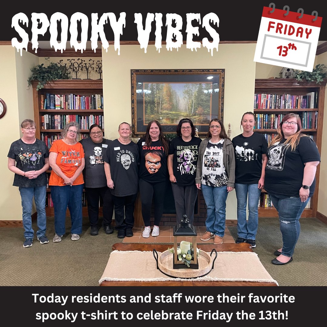 It's Friday the 13th, and we're embracing the spooky spirit! 🎃👕 Today, both residents and staff are rocking their favorite scary or spooky t-shirts, turning this traditionally eerie day into one of fun and creativity. #FridayThe13th