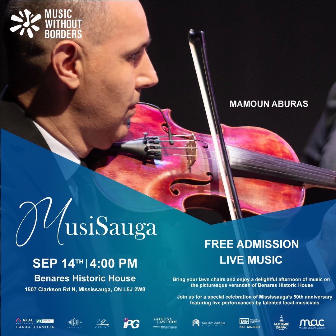 Music Without Borders- Musique Sans Frontières (@mwb_canada) on Twitter photo We're thrilled to announce that Mamoun Aburas will be performing at MusiSauga: A Celebration of Mississauga's 50th Anniversary!
Join us this Saturday for an afternoon of live music on the verandah of the Benares Historic House.
This event is funded by the <a href="/MissArtsCouncil/">Mississauga Arts Council</a>! We're thrilled to announce that Mamoun Aburas will be performing at MusiSauga: A Celebration of Mississauga's 50th Anniversary!
Join us this Saturday for an afternoon of live music on the verandah of the Benares Historic House.
This event is funded by the <a href="/MissArtsCouncil/">Mississauga Arts Council</a>!