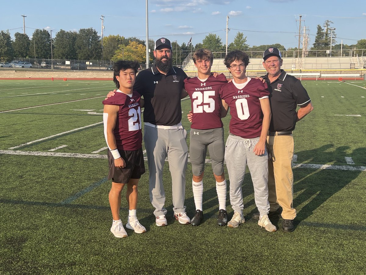One last picture as Henderson gets ready to take the field for pregame warmups. Jake and Sean Brice are seniors and Zach Brice is a freshman. Head Coach Bob Brice and his father, a legend in the West Chester Football community. Obviously, family is HUGE at Henderson. On to WCEast
