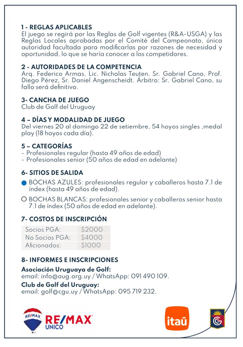 Campeonato Nacional de Profesionales!

📌Del 20 al 22 de setiembre

🏌️‍♀️54 hoyos singles, medal play (18 hoyos cada día)

⛳️Club de Golf del Uruguay <a href="/CGU_UY/">Club de Golf del Uruguay</a> 

Inscripciones hasta el 18 de setiembre x AUG o CGU

+ info: bit.ly/4gi7w4R

Los esperamos!

<a href="/RandA/">The R&A</a> 
<a href="/ItauUruguay/">Itaú Uruguay</a>