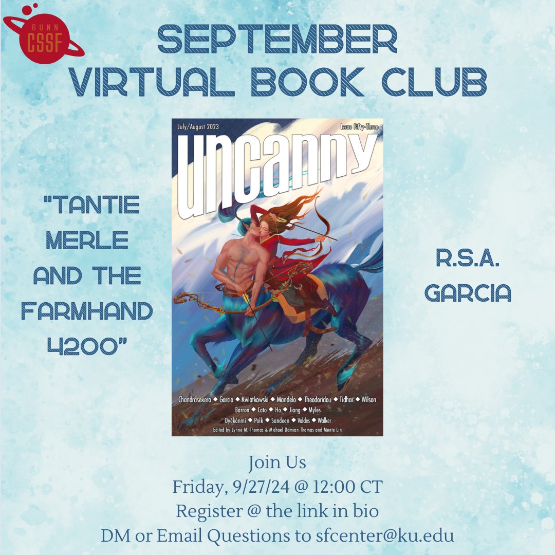 📚 Join our Virtual Book Club on Sept 27 at 12 PM CT to discuss the 2024 Sturgeon Award winner, "Tantie Merle and the Farmhand 4200" by R.S.A. Garcia from Uncanny Magazine!

Registration &amp; Zoom link in bio. See you online! 💻✨

#ScienceFiction #BookClub #SturgeonAward #KU