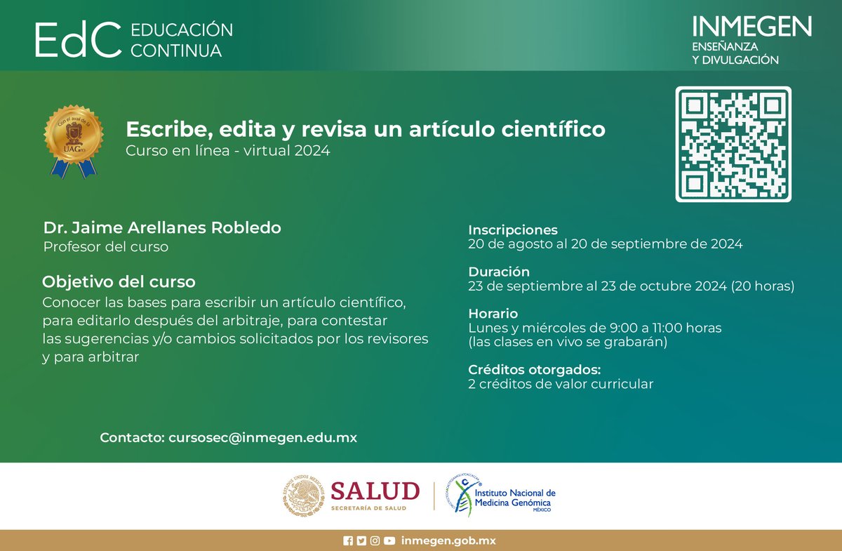 inmegen's tweet photo. Curso en línea «Escribe, edita y revisa un artículo científico»
Regístrate: https://t.co/BVxC99LTnG

En este curso te invitamos a conocer las bases para escribir un artículo científico, para editarlo después del arbitraje y para arbitrar. https://t.co/oKaahQkL7k