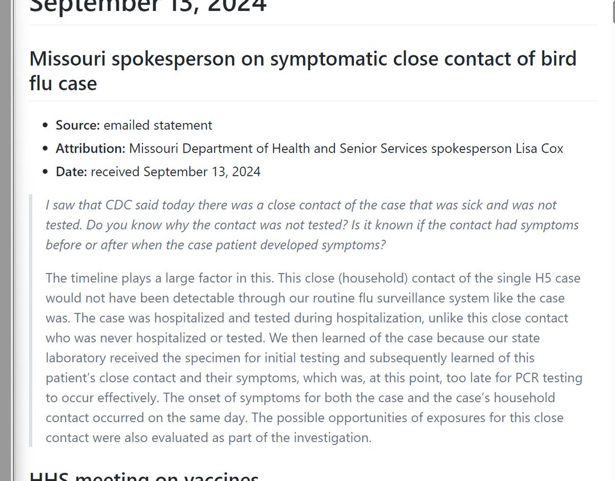 Shared exposure? Food poisoning?

Missouri's health department confirms "household contact" of bird flu case sickened last month

Both had symptoms onset "on the same day"

Contact wasn't tested because "too late for PCR testing to occur effectively"

tinalexander.github.io/notes/2024/09#…