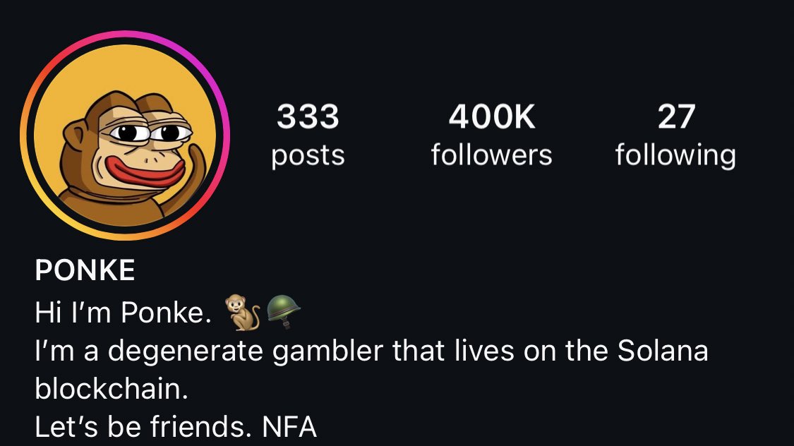 JUST IN: Solana memecoin $PONKE (<a href="/ponkesol/">Ponke</a>) hits 400,000 followers on Instagram.