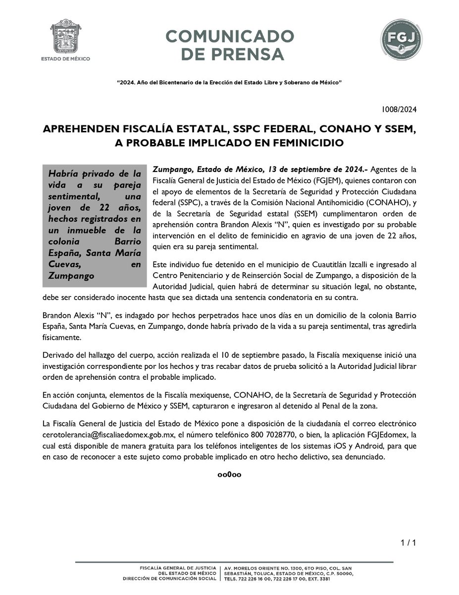 FiscaliaEdomex's tweet photo. #Detenido. Agentes de la #FiscalíaEdoméx con apoyo de elementos de la @SSPCMexico, a través de la Comisión Nacional Antihomicidio #CONAHO y de la @SS_Edomex cumplimentaron orden de aprehensión contra Brandon Alexis “N”, quien es investigado por su probable intervención en el delito de feminicidio en agravio de una joven de 22 años, quien era su pareja sentimental, hechos ocurridos en el municipio de #Zumpango.
https://t.co/QfxyoMvrpb