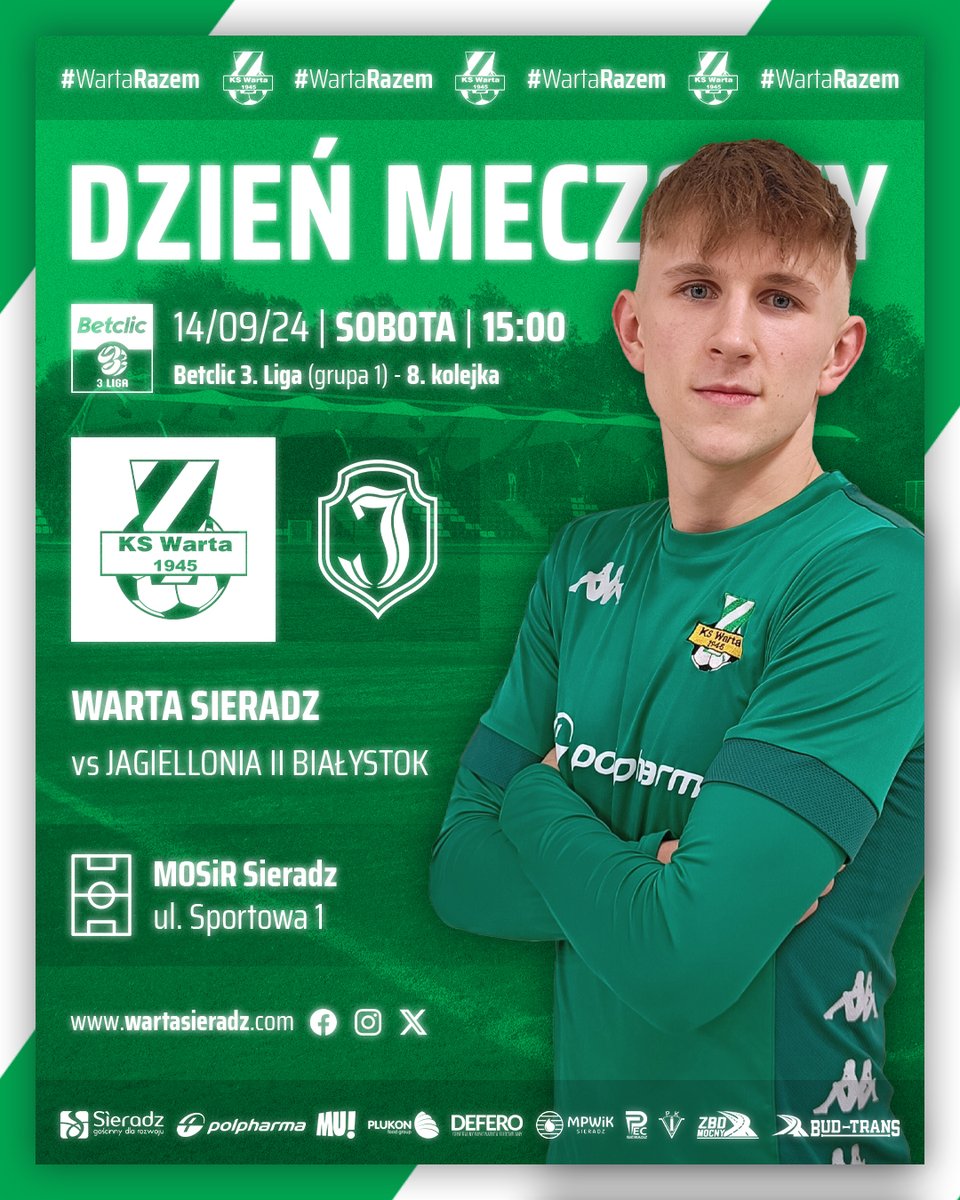 ⚽ DZIEŃ MECZOWY!
🏆 Betclic 3. Liga (grupa 1) - 8. kolejka
🆚 <a href="/AkademiaJagi/">Akademia Jagiellonii</a> 
🕒 15:00
📌 MOSiR Sieradz, ul. Sportowa 1
🎫 Bilety: normalny 20 zł, młodzież do lat 15 i kobiety – wstęp wolny

📰 Zapowiedź spotkania:
wartasieradz.com/z-jaga-z-odwag…

#WartaRazem! 🟩⬜🟩