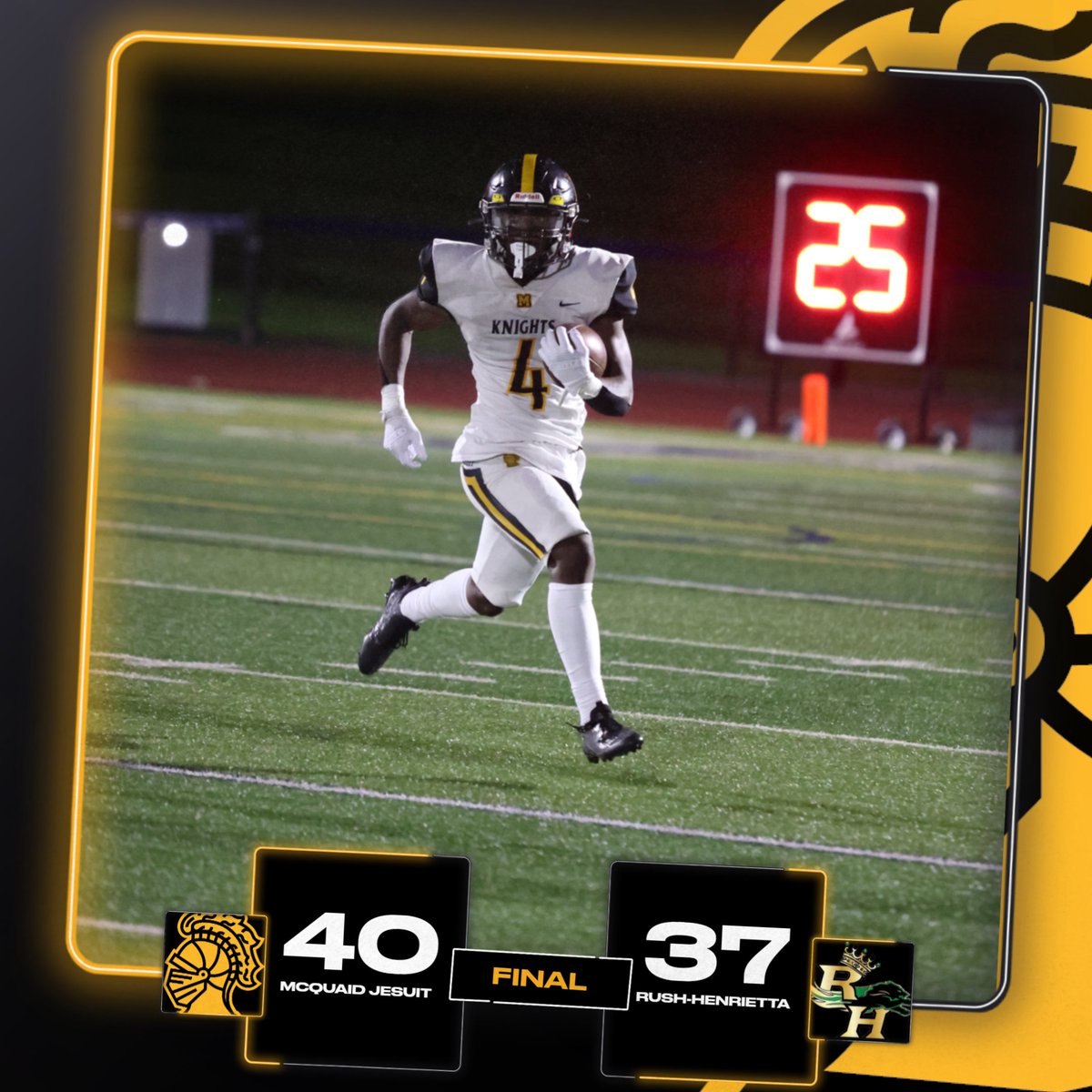 Allen Nesmith leads the Knights past a tough @rushathletics team in another thriller 40-37. McQuaid moves to 2-0 on the season and will host Penfield for homecoming next Friday night. Big games by Nesmith, Cox, DiMarco, Erdman and the offensive line! #AMDG @sectionvfootball
