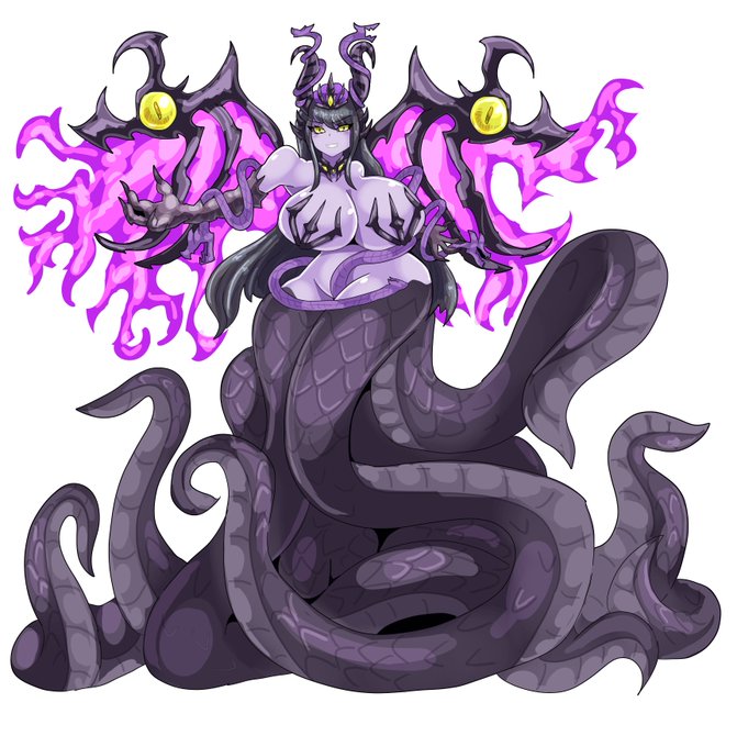 #モンスター娘 #monstergirl 「テュポーン」複数の蛇が絡みついたスキュラの如き見た目のドラゴン。「大地の闇」から生まれ、神々に反旗を翻すが敗北。魔王が「優しきサキュバスの魔王」に代替わりした事で、魔物娘となった存在。(見た目的に魔物娘っぽくは無いのでタグは付けない 