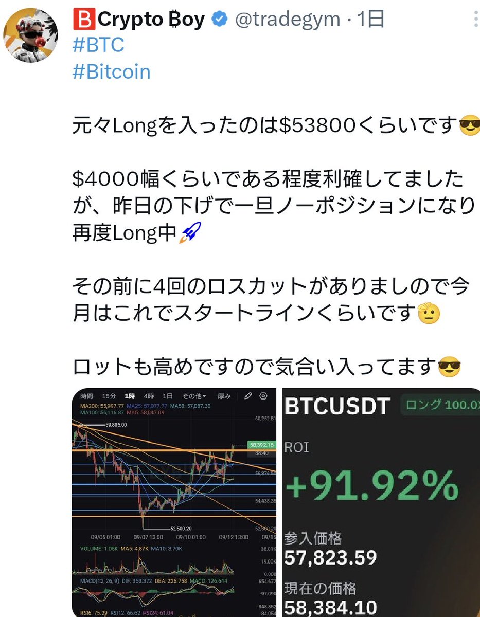 tradegym's tweet photo. #BTC
#Bitcoin

初回Longポストから$6500幅の爆上げです😎

途中利確しましたが、すぐにLong入りそしてポストもしております🫡
そこからも既に$3000幅🌋

私のフォロワーさんはLongが多かったみたいですね🌟

今回取れていない方やShortしてしまった方は特に私をフォローしていただけましたら、参考にはなるかと思います😄

フォロワーさんは

👍いいね🔁リポスト

宜しくお願いたします‼️

#ビットコイン
#仮想通貨