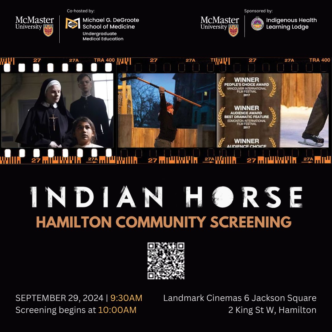 McmasterUgme's tweet photo. ๐ฌ Updated Show Times for the Indian Horse Screening! ๐ฌ
Doors open at 9:30 AM, and the screening starts at 10:00 AM on September 29th at all three #McMasterUGME campuses. Donโt miss this opportunity to reflect on our shared history and support our communities. https://t.co/Ykl3fINhlP