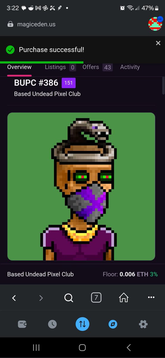 odnan305's tweet photo. @BasedUndeadPC @base @opensea @MagicEden Got this guy off the floor only 12 in the collection have snake head maybe my new pfp grab 1 before fp gets up there collection only has 2222 items .01 coming soon https://t.co/o8Eajb7Pl5