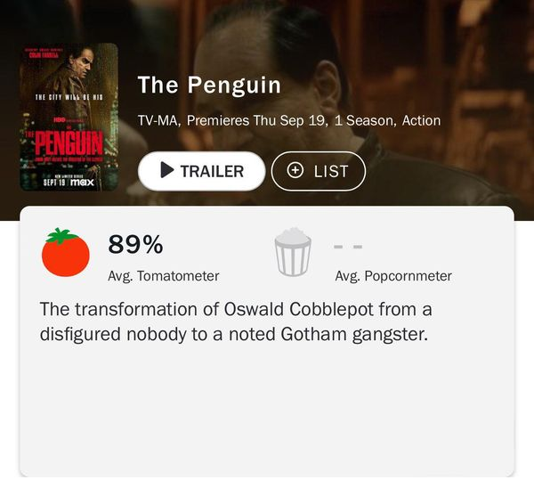 MMagicwithBrian's tweet image. *The Penguin* debuts with an 89% score on Rotten Tomatoes 📷.

#ThePenguin #RottenTomatoes #DCSeries #MovieReview #MustWatchSeries #GothamUniverse #StreamingSoon #FilmCritics #MovieFans #ComingSoon #moviemagicwithbrian