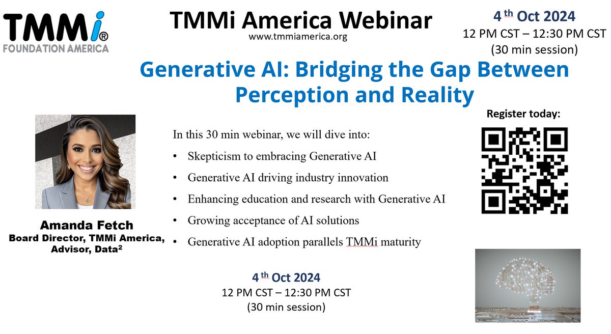 Dr. Amanda Fetch (@manda_analytics) on Twitter photo 🚀 Happy to share that I'll be speaking at Generative AI: Bridging the Gap Between Perception and Reality through <a href="/TMMiFoundation/">TMMi Foundation</a> America! Would love to see you there!
Register here 👉 eventbrite.com/e/generative-a…
#genai #generativeai #tmmi #tmmiamerica #knowledgesharing #leadership 🚀 Happy to share that I'll be speaking at Generative AI: Bridging the Gap Between Perception and Reality through <a href="/TMMiFoundation/">TMMi Foundation</a> America! Would love to see you there!
Register here 👉 eventbrite.com/e/generative-a…
#genai #generativeai #tmmi #tmmiamerica #knowledgesharing #leadership
