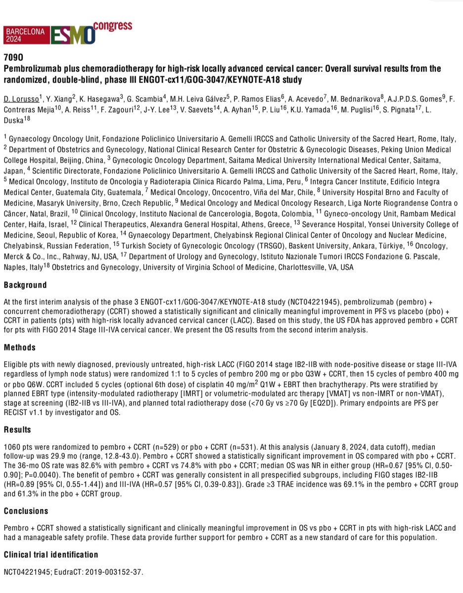 So what's the story for day 2 of Esmo24 ? 
Keynote A18 shows OS benifit. 
Pembrolizumab in CTRT for cervix. 
HR 0.67 ( 0.5 to 0.90 ) 
82.6 % vs 74.8 %  OS at 36 months . 

OS Benifit seen across all the stages . 
This should make it new SOC. 🙂👍@esmo #ESMO2024 <a href="/Larvol/">LARVOL</a> <a href="/OncoAlert/">OncoAlert</a>