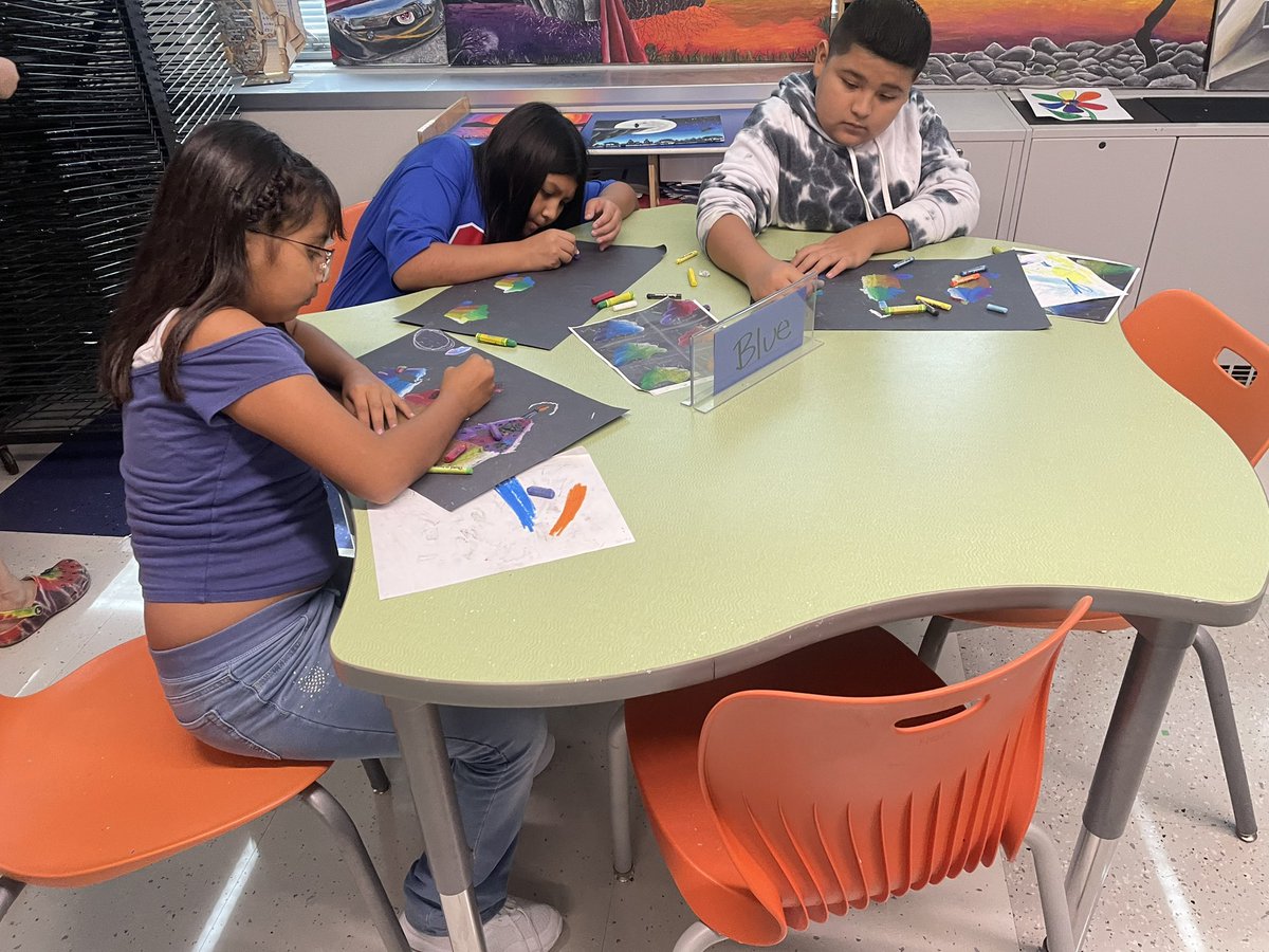 Inspired by American artist Wayne Thiebaud, 5th grade students are learning how to draw 3D forms, blend oil pastels to create stunning analogous color combinations &amp; demonstrate a change in value with the understanding of a light source in their cupcake art. #stony126