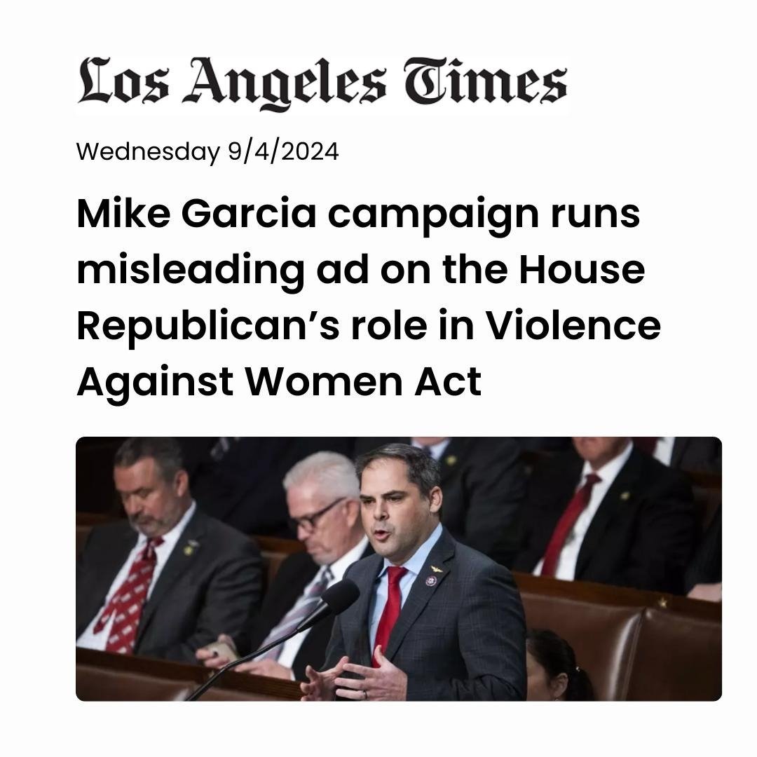 gtwhitesides's tweet photo. Today marks 30 years of the Violence Against Women Act. Congressman Mike Garcia voted against it in 2021 and he's lying to voters in our district. He should take down his deceptive ad and be honest. We need a rep who supports common-sense laws like VAWA. Time for change. #CA27 https://t.co/Cj63YX3Ksp
