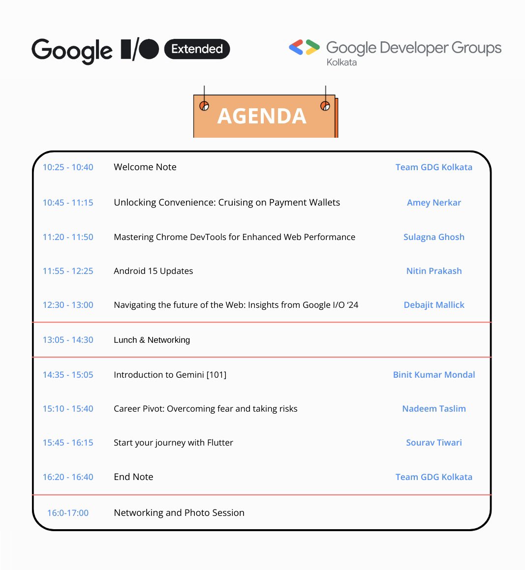 gdgkolkata's tweet image. Agenda for Google I/O Extended 2024, Kolkata is here!

Calendar Invite is mandatory for the event
Please carry any one ID card (Digilocker or Hard copy)

#GoogleIOExtended24 #TechForGood 
#GDGKolkata