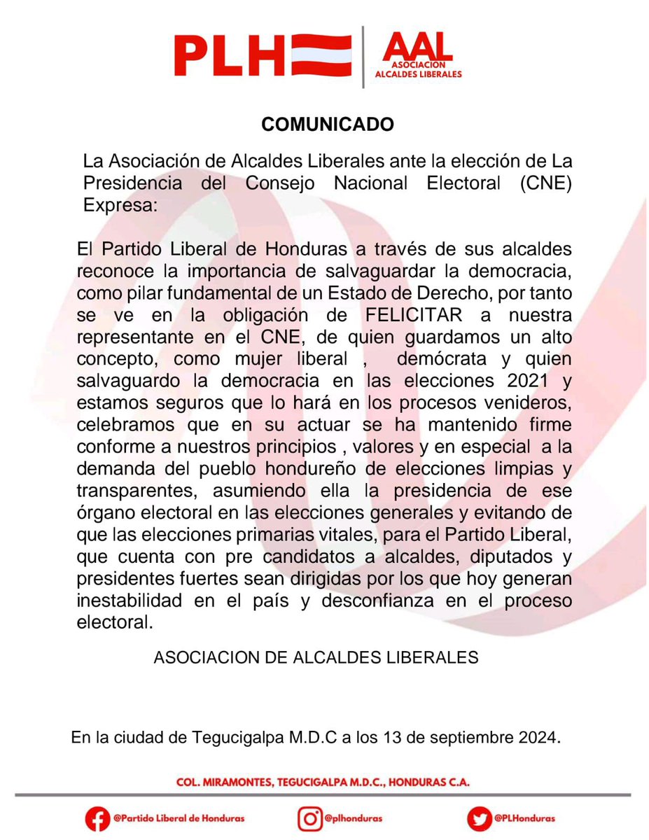 En nombre de la asociación de alcaldes liberales quiero felicitar a la consejera <a href="/APHall_CNE/">Ana Paola Hall</a> por su decisión y determinación. El liberalismo continúa firme hacia la presidencia sin ninguna duda. Seguimos fortaleciendo el entusiasmo del pueblo hondureño <a href="/PLHonduras/">Partido Liberal de Honduras</a> <a href="/yanirosenthal/">Yani Rosenthal 🇦🇹</a>