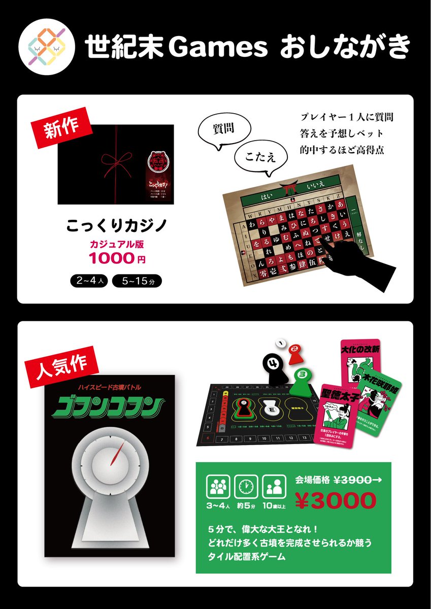 Seikima2_univ's tweet photo. 今日は #アナログゲームフェスタ2024 ！
世紀末Gamesは【E05】ブースとなります〜✨
試遊だけでも遊びに来てくださいませ。

新作 #こっくりカジノ のカジュアル版と、
#ゴフンコフン 持っていきます💪 https://t.co/FrNoQJZQhU