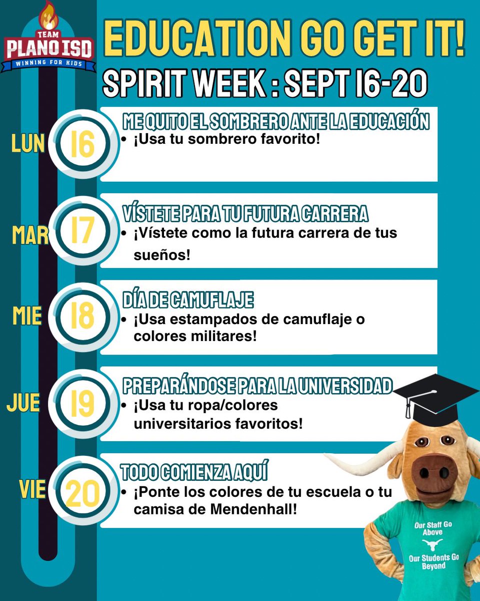 Next week is education go get it week! Don’t forget to dress up! 👩‍🎓👨‍🎓🎓 #teammendenhall #teamplanoisd
