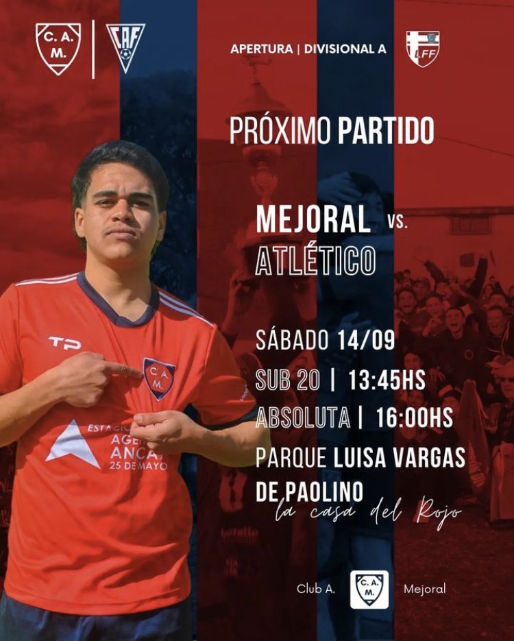 FECHA 8️⃣

🆚Atlético 
📆Sabado 14 de Septiembre 
Sub 20 🕣 13:45
Absoluta 🕣 16:00
🏟️Parque Luisa Vargas de Paolino

🎟️Socios: $150
🎟️Generales: $250

#elrojodelaisla #dalemejo #juegaelrojo