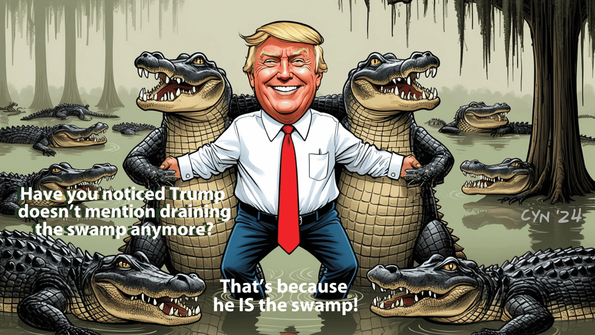 classbrain's tweet image. Have you noticed that Trump never mentions draining the swamp anymore? That's because he IS the swamp! He's in charge of all of the dangerous, slimy creatures. Voting for Harris doesn't make you a Democrat, it makes you one of the sane ones. #Republicans4KamalaHarris #GOP