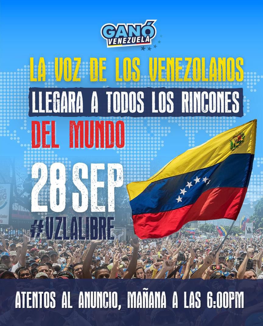 La libertad de Venezuela es una causa mundial!

El sábado 28 de septiembre, a dos meses de nuestra histórica victoria, nuestra voz retumbará en todos los rincones del planeta!

Les pido que mañana a las 6:00 pm estén muy pendientes a nuestra convocatoria.

#VzlaLibre #FreeVzla