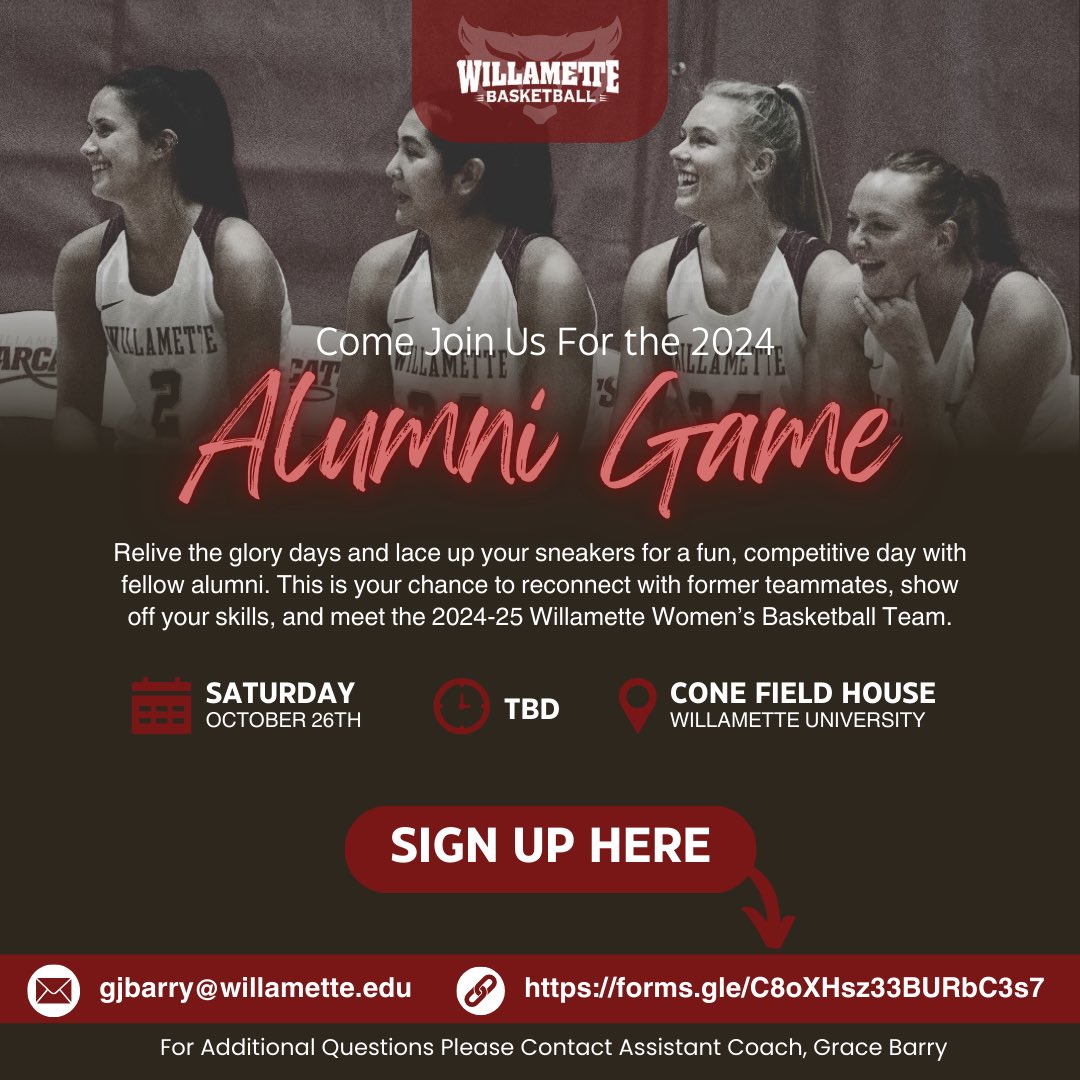 🚨🚨Calling ALL Former Willamette Women’s Basketball Players‼️Our ALUMNI GAME is next month! We would love to have you all join us! 🤗 
#BearcatFamily

🗓️ Oct. 26th
⏰ TBA
📍Cone Field House

Sign Up ➡️ forms.gle/C8oXHsz33BURbC…