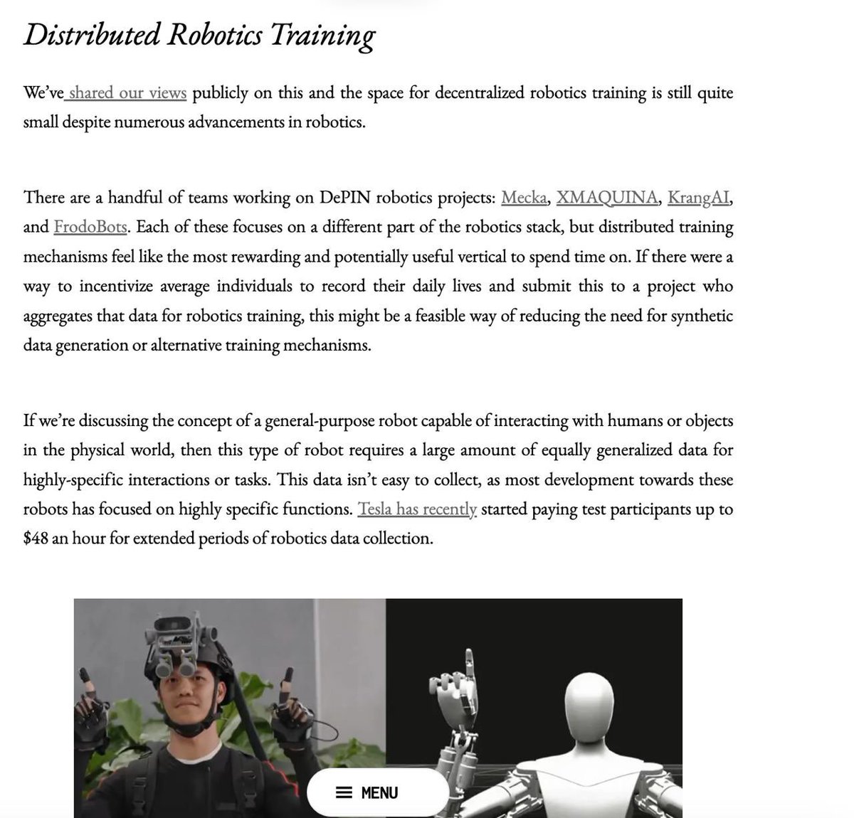 Thanks for the kind feature <a href="/knowerofmarkets/">knower</a> and <a href="/0xsmac/">smac</a> in your recent ecosystem report

Mecka is building the largest platform of human demonstration videos for training AI robotics

Give their DePIN deep dive a read 🤖🦿