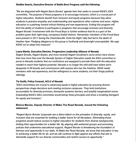 PLANevada's tweet photo. NV &amp; our schools are great b/c of the diversity of our community. We should continue to strive to make education equitable &amp; accessible. There is no room for racism in schools! #NoRacistRegents

Read our full partner statement re: the attempted end of DEI programs at NSHE. ⬇️⬇️ https://t.co/1QyzUjUQjS