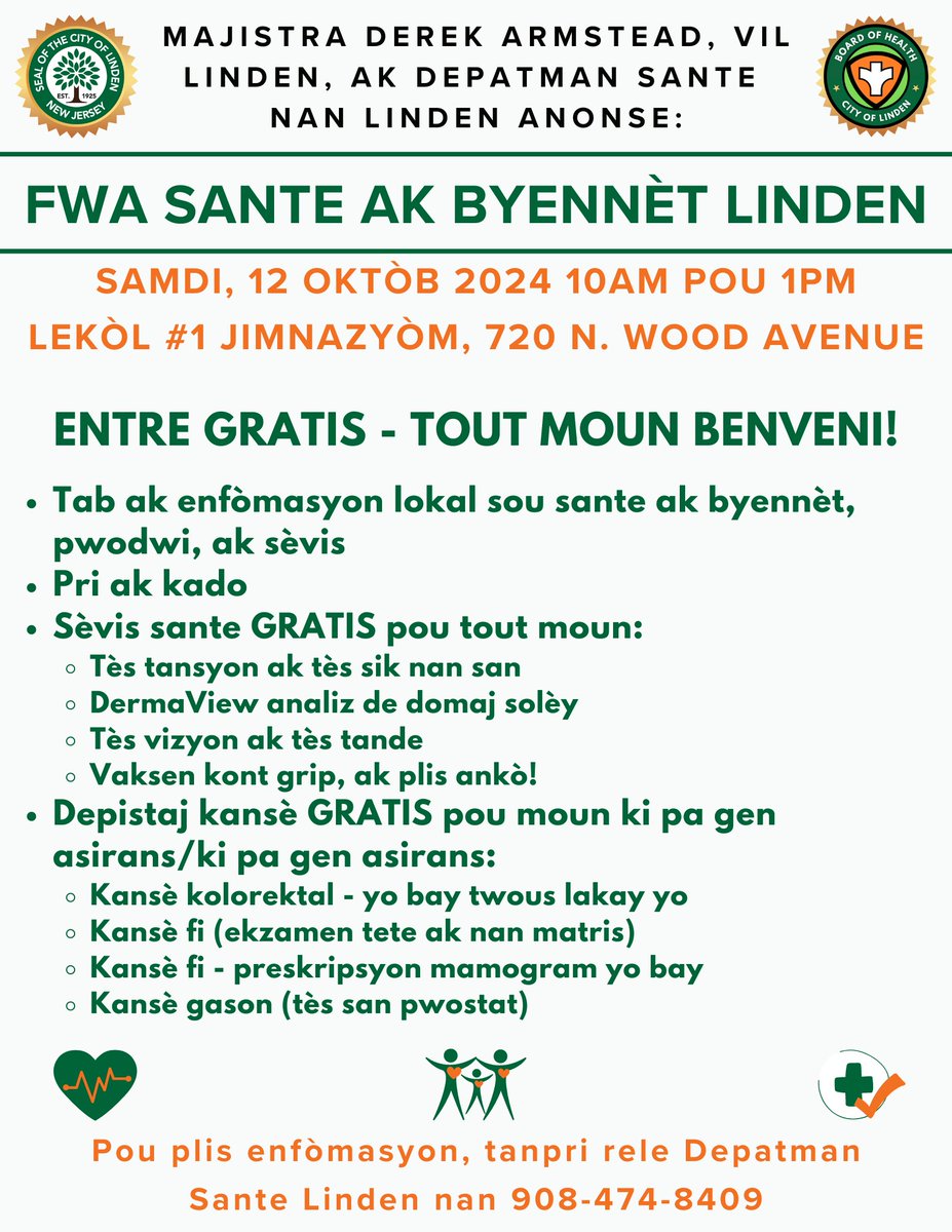 Linden_DoH's tweet photo. 3èm ane Fwa Sante &amp; Byennèt Linden - Samdi, 12/10/24, 10am-1pm, jimnaz Lekòl 1, 720 N. Wood Ave. Antre gratis, sèvis sante gratis, ak kado - N ap espere wè ou la! https://t.co/59Y9vIlMuE