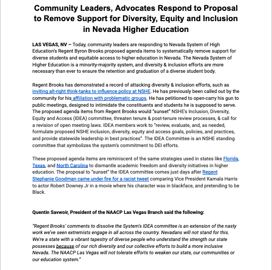 PLANevada's tweet photo. NV &amp; our schools are great b/c of the diversity of our community. We should continue to strive to make education equitable &amp; accessible. There is no room for racism in schools! #NoRacistRegents

Read our full partner statement re: the attempted end of DEI programs at NSHE. ⬇️⬇️ https://t.co/1QyzUjUQjS