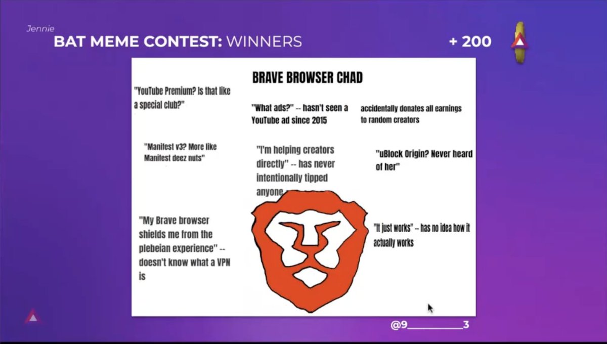 BAT Meme Contest Update:
Winners:
🥇 <a href="/Bauzz_/">Bauzz 🎒</a>: +200 BAT 🦇
🥇 <a href="/batyavasu/">yavasu</a>: +200 BAT 🦇
🥇 <a href="/_JimmyZ_/">JimmyZ</a>: +200 BAT 🦇
🥇 <a href="/9___________3/">Imperceptive</a>: +200 BAT 🦇
🥈 <a href="/gnukeith/">Keith</a>: +50 BAT 🦇
🥈 <a href="/TribeResistance/">Tribe Of Resistance ⚔️</a>: +50 BAT 🦇
🥈 <a href="/wadoci86217/">RWadoci $TRUMP $MELANIA</a>: +50 BAT 🦇

Congratulations!

/