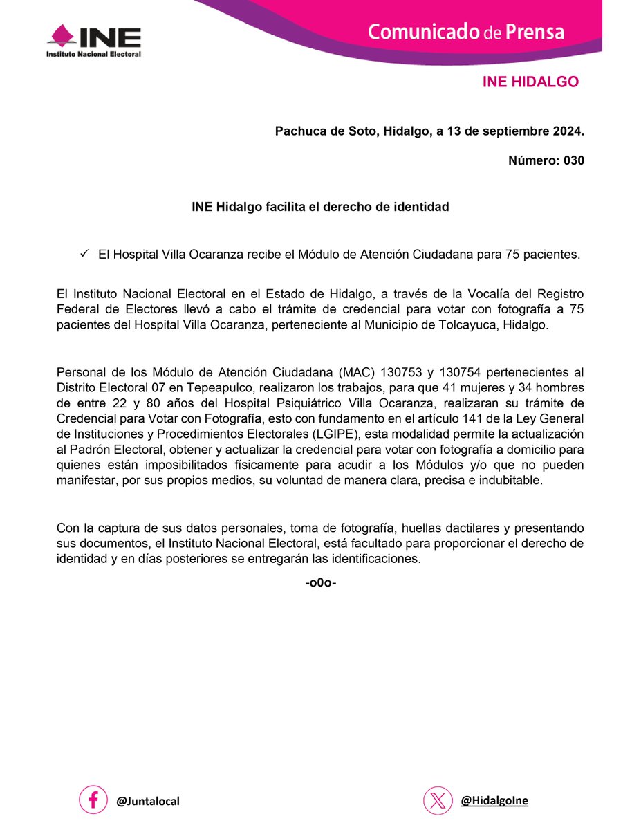 HidalgoIne's tweet photo. @INEHidalgo 𝐟𝐚𝐜𝐢𝐥𝐢𝐭𝐚 𝐞𝐥 𝐝𝐞𝐫𝐞𝐜𝐡𝐨 𝐝𝐞 𝐢𝐝𝐞𝐧𝐭𝐢𝐝𝐚𝐝   A través de la 𝗩𝗼𝗰𝗮𝗹𝗶́𝗮 𝗱𝗲𝗹 𝗥𝗲𝗴𝗶𝘀𝘁𝗿𝗼 𝗙𝗲𝗱𝗲𝗿𝗮𝗹 𝗱𝗲 𝗘𝗹𝗲𝗰𝘁𝗼𝗿𝗲𝘀 llevó a cabo el trámite de #CredencialParaVotar a 75 pacientes de Hospital https://t.co/Q2hrHPlaoM