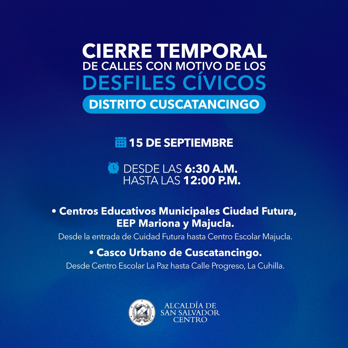 DenisGodoyX's tweet photo. 🇸🇻 ¡Este 14 y 15 de septiembre conmemoramos con orgullo nuestra independencia! 🎉 Te invitamos a unirte a los desfiles que recorrerán nuestro distrito, llenos de espíritu patriótico y tradiciones que nos unen. Si deseas acompañarnos, toma en cuenta lo siguiente: https://t.co/GPDNPA8pvr