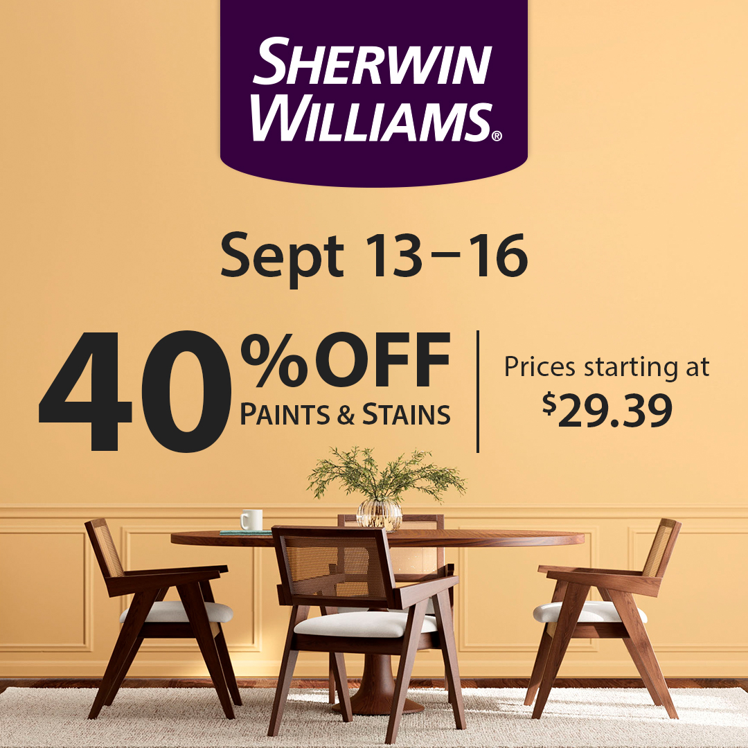 Falling leaves, falling prices. Shop now for 40% off paints and stains plus 30% off supplies: bit.ly/3XEDfFM
.
Offer valid 9/13/24–9/16/24. Some restrictions apply.