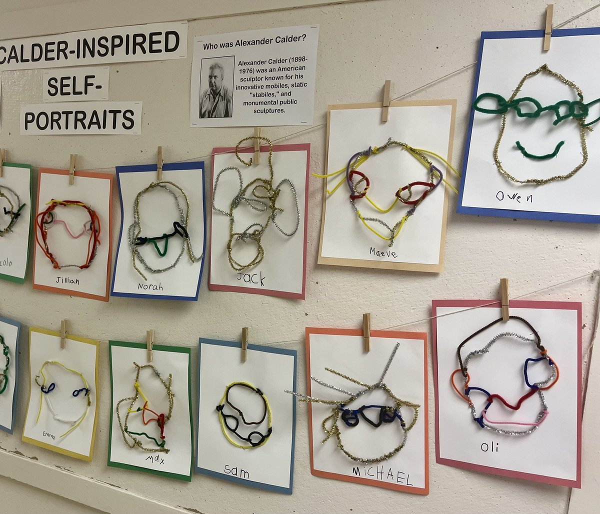 KervinAmy's tweet photo. Our first artist study this year focused on Alexander Calder, an American sculptor known for his iconic mobiles + wire sculptures. We made Calder-inspired self-portraits using pipe cleaners, exploring #elementsofart including line, shape + colour. @Glenburnie_ldsb @LimestoneDSB https://t.co/P64Gq84wO4