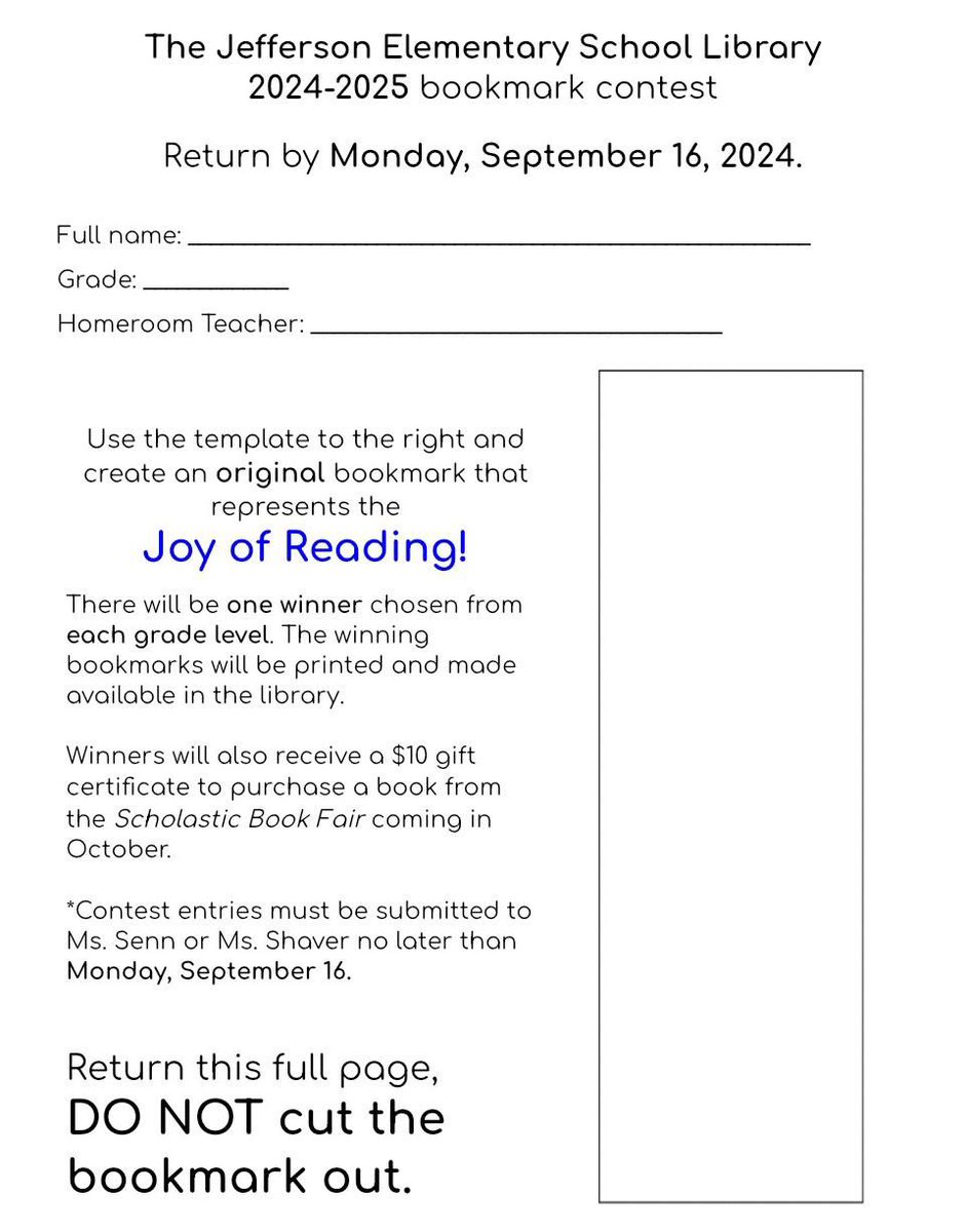 KCS_JeffLibrary's tweet image. The Annual Jefferson Library Bookmark contest is under way. Ask your reader if they have submitted their entry yet. The deadline is 9/16/24 @KCS_Jefferson @KCS_Libraries