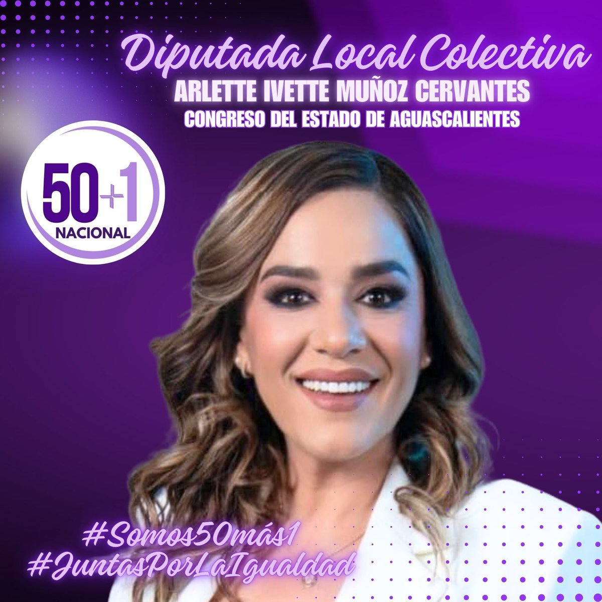 Las integrantes de 50+1 felicitamos a nuestra colectiva, la diputada local <a href="/ARLETTEMUNOZZ/">ARLETTE MUÑOZ</a> por su encargo en el Congreso de #Aguascalientes. Sigamos trabajando juntas por la igualdad!!
#Somos50más1
#JuntasContraLaViolencia 
<a href="/50masunoAgs/">50+1 AGUASCALIENTES</a> 
<a href="/ClauCorichi/">Clau Corichi Oficial</a>