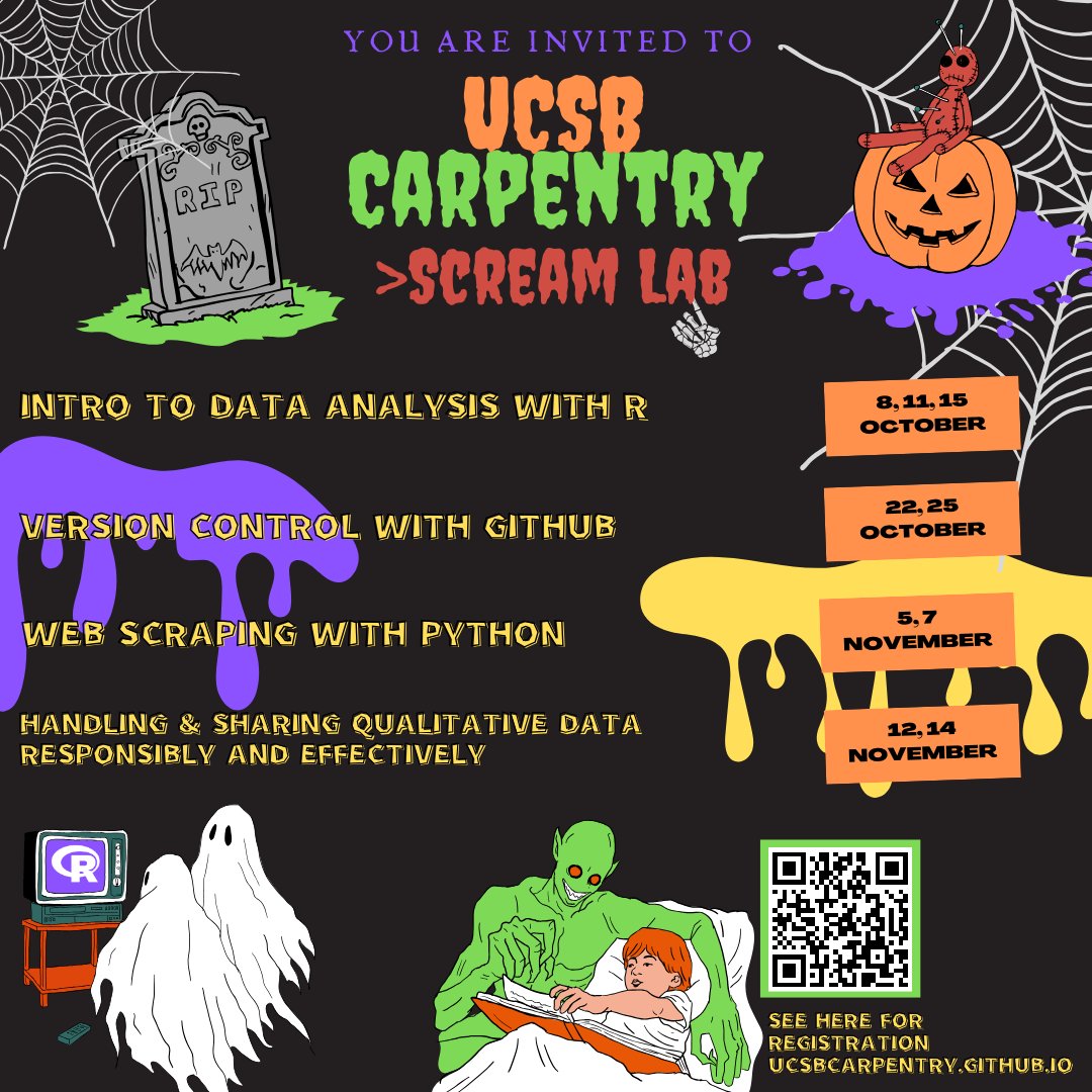 LibraryDREAMLab's tweet photo. I scream, you scream, we all scream "I didn't install tidyverse" 
Registration is currently open for our October Carpentry Workshops https://t.co/0Qk5SVi9sV