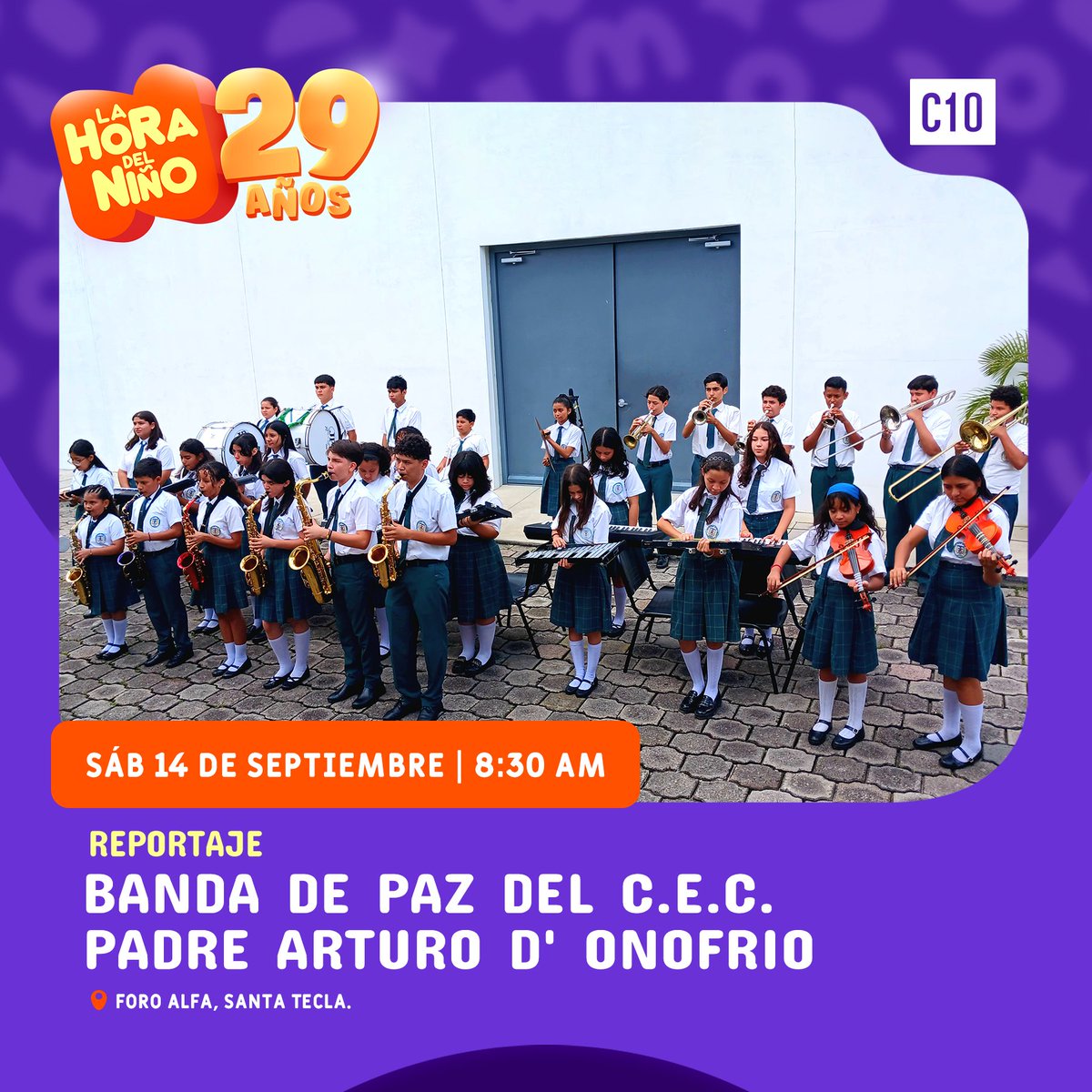 Canal10Sv's tweet photo. ¡Sintoniza @lahoradelnino y sigue minuto a minuto las notas musicales de la banda de paz invitada! 

Tu cita es a las 8:30 a.m. en nuestra señal. https://t.co/zyEKWFcMCW