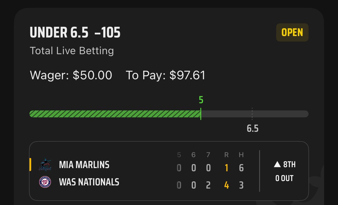 FunkiPropz's tweet photo. MLB Live Bet🚨⚾️

0.5 Unit Marlins/Nats U 6.5 (-105) https://t.co/qCKNQ3cGdB