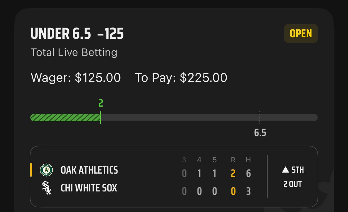 FunkiPropz's tweet photo. MLB Live Bet🚨⚾️

1 Unit - As/White Sox U 6.5 (-125) https://t.co/92YsCVjZCf