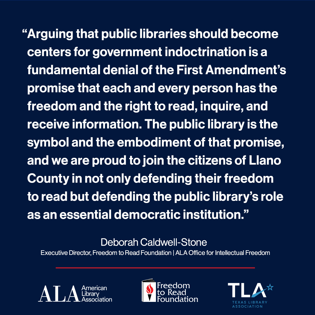 This week, ALA, <a href="/FTRF/">Freedom to Read Foundation</a>, and <a href="/TXLA/">Texas Library Assn.</a> filed an amicus curae brief in Leila Green Little v. Llano County, an important case seeking to defend and protect library users’ freedom to read. bit.ly/LlanoBrief 
#FreePeopleReadFreely