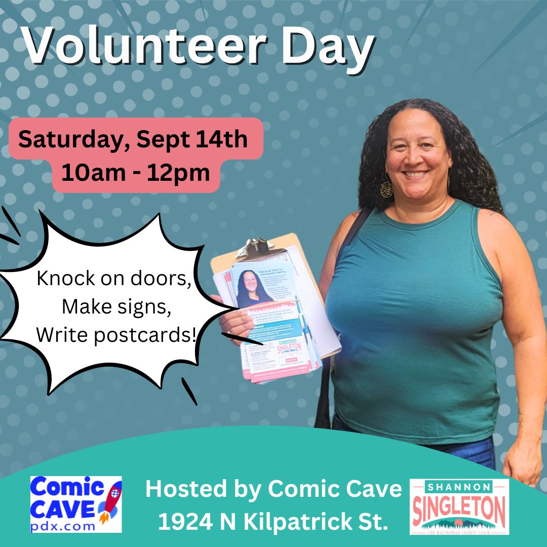 ElectSingleton's tweet image. Join us tomorrow at @ComicCavePDX in Kenton. We'll be knocking doors &amp;amp; writing postcards. I'm excited because Doug (owner) endorses me. Your trust in me to deliver results is an honor! RSVP here shannonsingleton.org/volunteer-with… #orpol #ElectShannonSingleton #MultCoD2  #Election2024