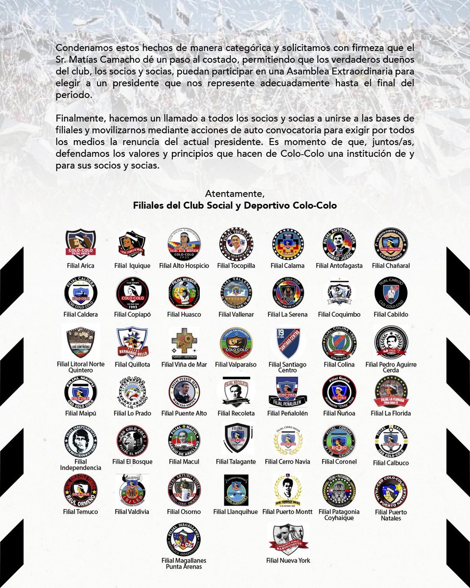 Comunicado Oficial de Filiales

Como representantes oficiales del Club Social y Deportivo Colo-Colo en nuestros territorios, queremos expresar nuestro descontento con la situación actual que atraviesa el directorio del club.