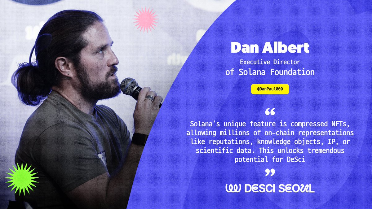 DeSci Seoul / SEP 2nd 2024 (@desciseoul) on Twitter photo "<a href="/Solana/">Solana</a>'s compressed NFTs unlock tremendous potential for DeSci." - <a href="/DanPaul000/">Dan Albert</a>, Executive Director <a href="/SolanaFndn/">Solana Foundation</a> at #DeSciSeoul panel with <a href="/Somnia_Network/">Somnia - a Fully Onchain World</a> <a href="/Scroll_ZKP/">Scroll</a> <a href="/monad_xyz/">Monad ⨀</a>
Watch the full video: youtu.be/kNx8wKZpmWU?si…
#DeSci #Mainnet "<a href="/Solana/">Solana</a>'s compressed NFTs unlock tremendous potential for DeSci." - <a href="/DanPaul000/">Dan Albert</a>, Executive Director <a href="/SolanaFndn/">Solana Foundation</a> at #DeSciSeoul panel with <a href="/Somnia_Network/">Somnia - a Fully Onchain World</a> <a href="/Scroll_ZKP/">Scroll</a> <a href="/monad_xyz/">Monad ⨀</a>
Watch the full video: youtu.be/kNx8wKZpmWU?si…
#DeSci #Mainnet
