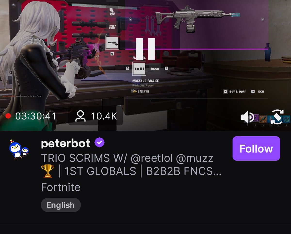 MoeZahria's tweet photo. The Fortnite World Champion Peterbot is streaming on Twitch today. 

What do you guys notice? 🏆👀 https://t.co/GKl57EGqbC